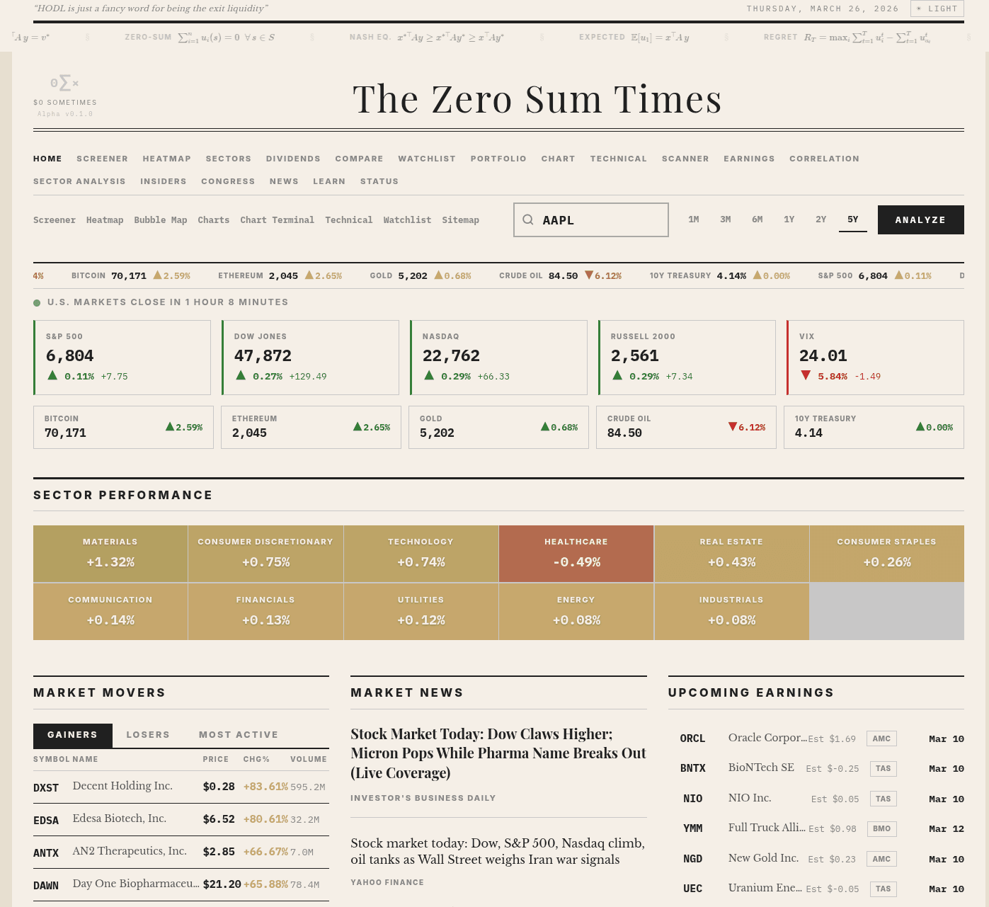 Landing Page & Market Dashboard